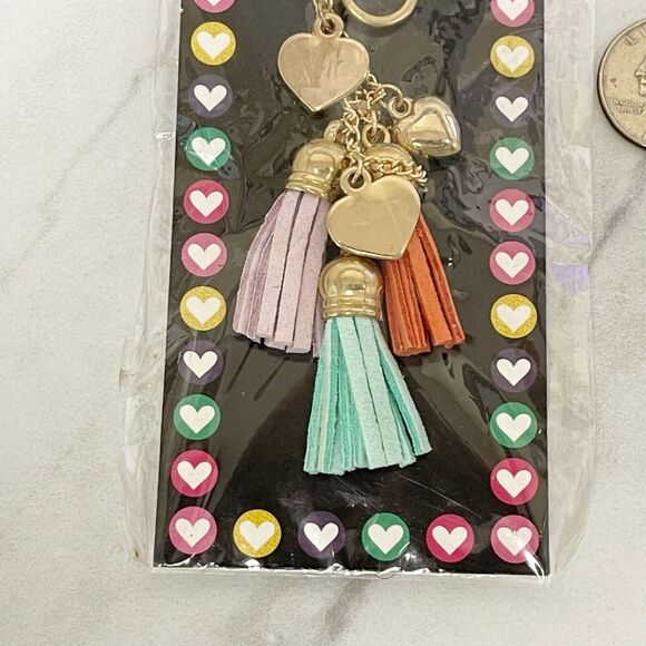 Gold Tone Purple Green Orange Tassel Heart Bag Charm Keychain Keyring - Picture 3 of 8